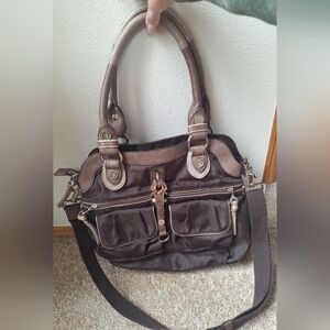 George Gina & Lucy GGL Double B Bag Nylon Leather Zip Closure Brown